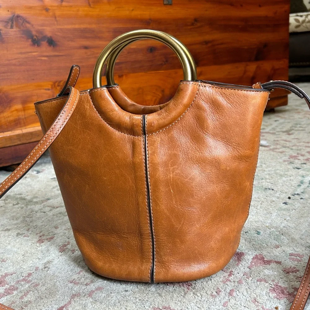 J.Crew Bucket Bag Womens Small Brown Solid Leather Ring Handle Crossbody H0515